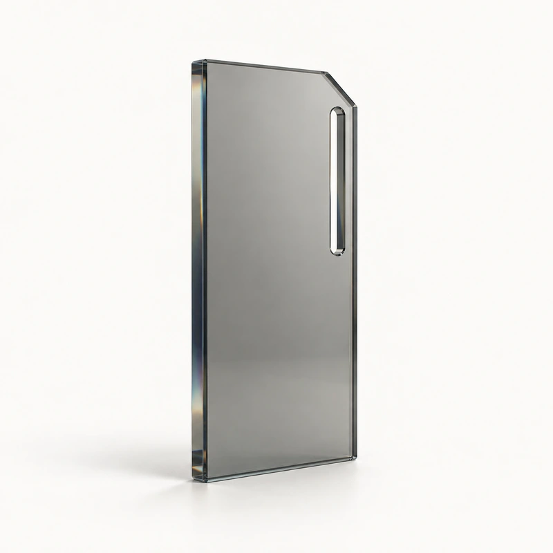 Rectangular smoked-glass slab with a notched corner and slot