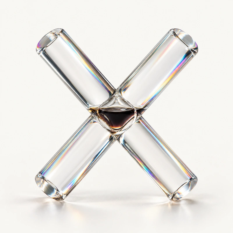 Two crossed glass rods with a dark meniscus